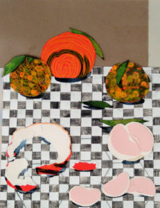 Tangerine 2 is a medium sized collage drawing showing tangerines, peels, and slices on a woven checker background by Isa Rodriguez. 
