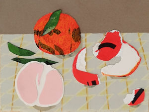 Tangerine 4 is a small collage drawing showing tangerines, peels, and slices on a patterned background.