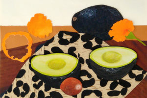 Aguacate 1 is a medium sized collage drawing showing avocados, pits, and marigolds on a leopard print background.