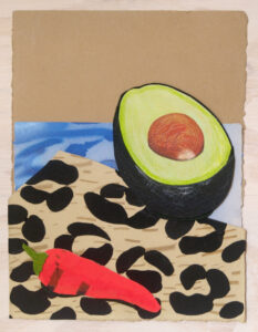 Aguacate 2 is a small collage drawing showing an avocado and hot red pepper on a leopard print background by Isa Rodriguez.