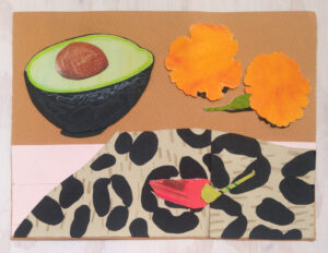 Aguacate 3 is a small collage drawing showing an avocado and hot red pepper and marigold flowers on a leopard print background by Isa Rodriguez.