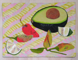 Aguacate 5 is a small collage drawing showing an avocado, limes, and spicy chiles on a bright pink and yellow background by Isa Rodriguez.