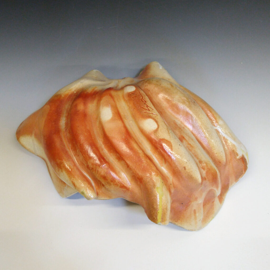 Banana Bowl 03 is a soda-fired ceramic fruit bowl with a sunshine yellow glaze over a warm brown nerikomi checker pattern.