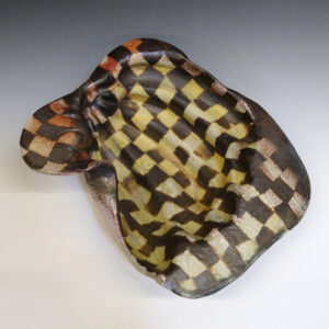 Banana Bowl 07 is a soda-fired ceramic fruit bowl with a sunshine yellow glaze over a warm brown nerikomi checker pattern.