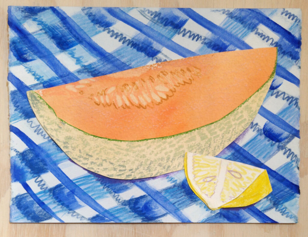 Cantaloupe 1 is a small collage drawing showing a slice of cantaloupe with a lemon wedge on a blue gingham background by Isa Rodriguez.