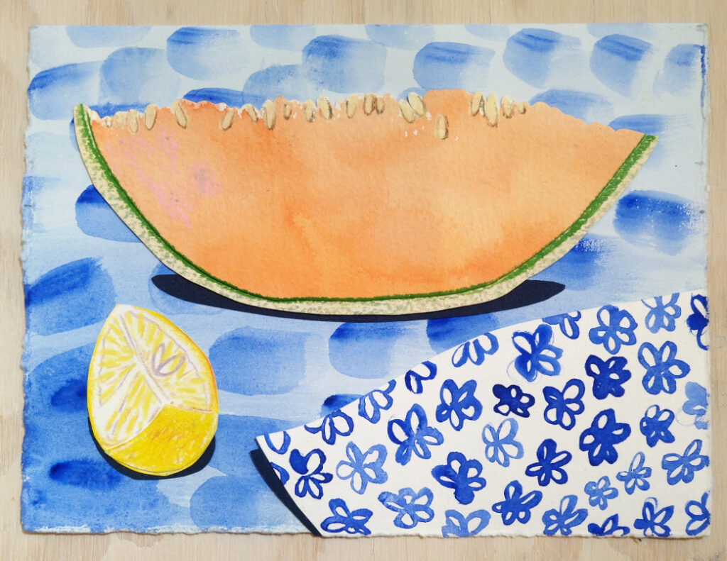 Cantaloupe 2 is a small collage drawing showing a slice of cantaloupe with a lemon wedge on a blue background by Isa Rodriguez.