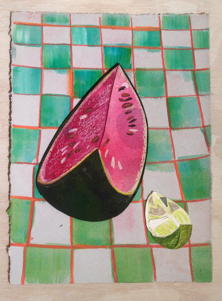 Melon 3 is a small collage drawing showing a slice of watermelon with a lime on a bright green checker background by Isa Rodriguez.
