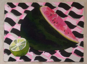 Melon 4 is a small collage drawing showing a slice of watermelon with a lime on a pink and black checker background by Isa Rodriguez.