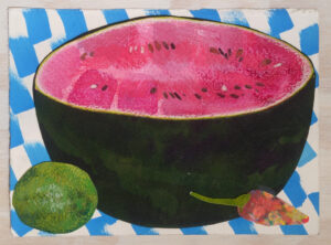 Melon 5 (Big Melon) is a small collage drawing showing a watermelon with a lime and hot chile on a bright blue background by Isa Rodriguez.