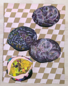 Passion Fruit 2 is a small collage drawing showing whole and half passion fruits on a woven checker background by Isa Rodriguez.