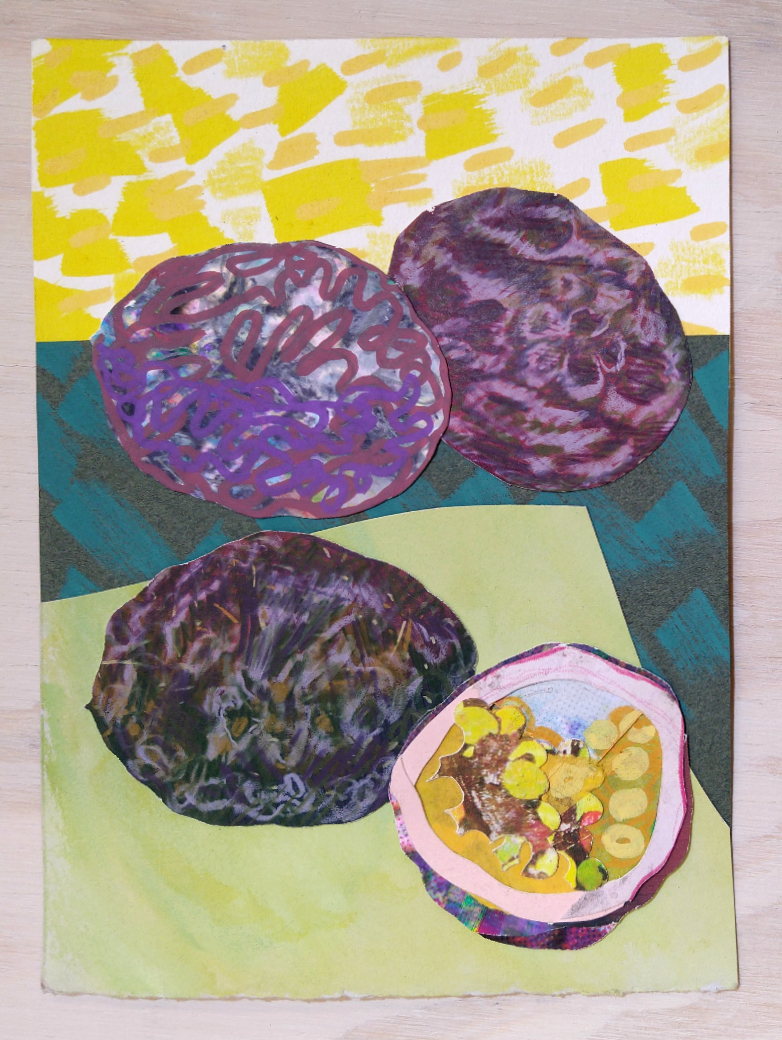 Passion Fruit 2 is a small collage drawing showing whole and half passion fruits on a colorful green and yellow background by Isa Rodriguez.