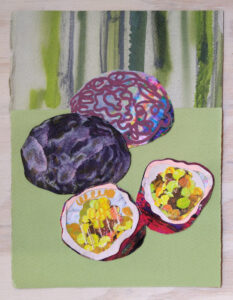 Passion Fruit 3 is a small collage drawing showing whole and half passion fruits on a colorful green background by Isa Rodriguez.