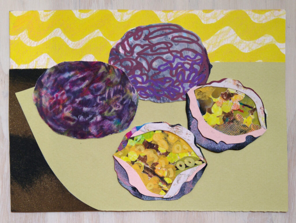 Passion Fruit 4 is a small collage drawing showing whole and half passion fruits on a colorful yellow background by Isa Rodriguez.