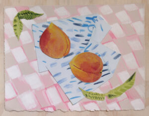 Peaches 2 is a small collage drawing showing a pair of peaches and peach leaves on a blue napkin resting on a white and pink checker background by Isa Rodriguez.