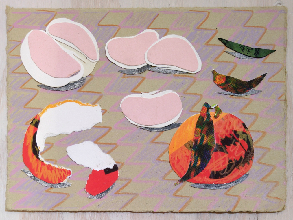Tangerine 3 is a small collage drawing showing tangerines, peels, and slices on a pink and brown patterned background.