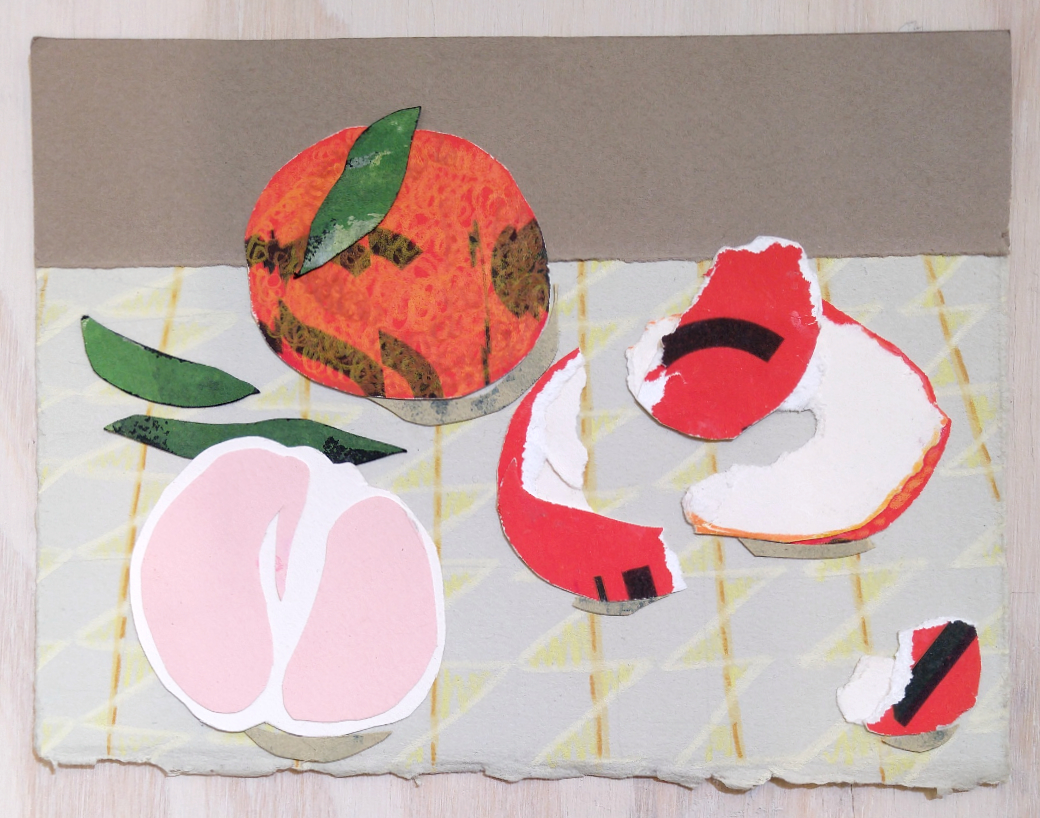 Tangerine 4 is a small collage drawing showing tangerines, peels, and slices on patterned background.