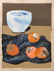 Wild Persommons and Cup is a small collage drawing showing wild persimmon fruits on a black cloth and a small blue teacup by artist Isa Rodriguez.